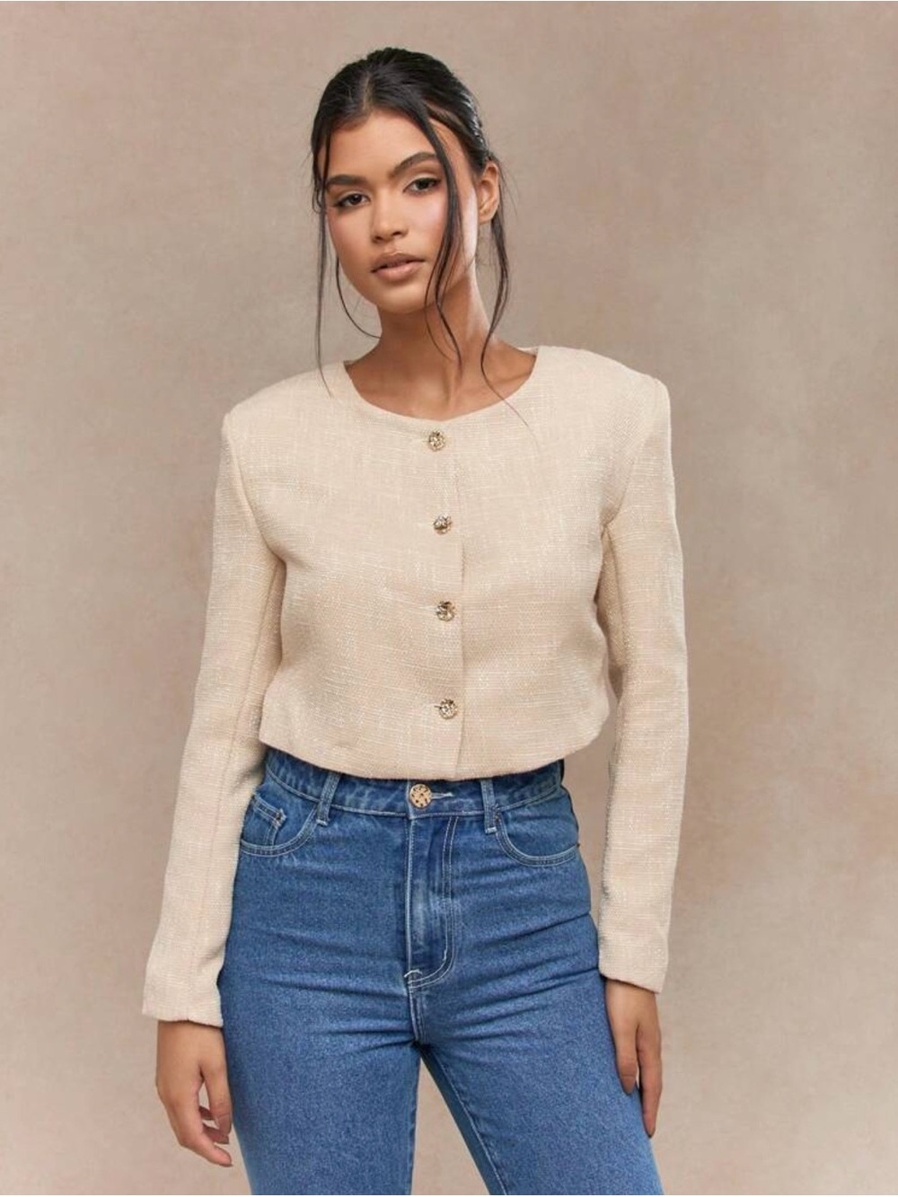 Cropped Cream Tweed Jacket with Gold Buttons